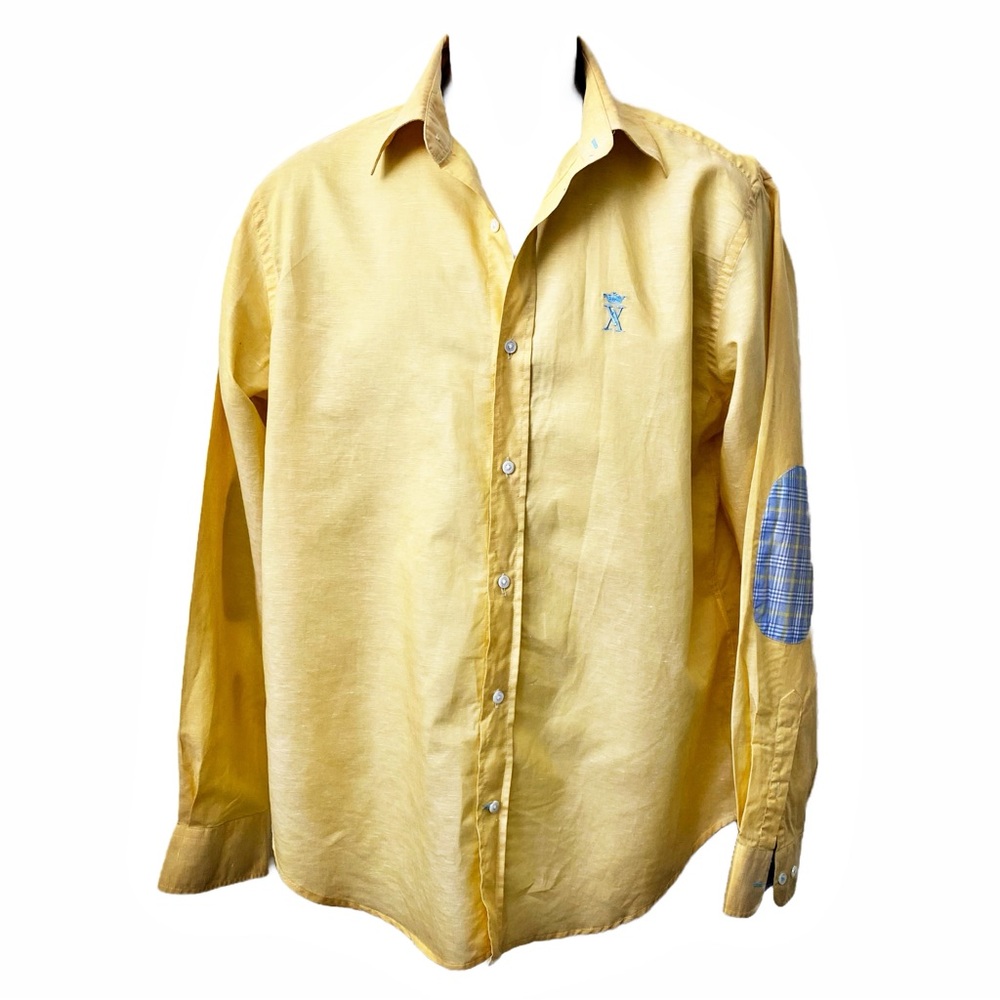 Vicomte A, Long Sleeve Italian Cotton and Linen Button Down Plaid Elbow Patches